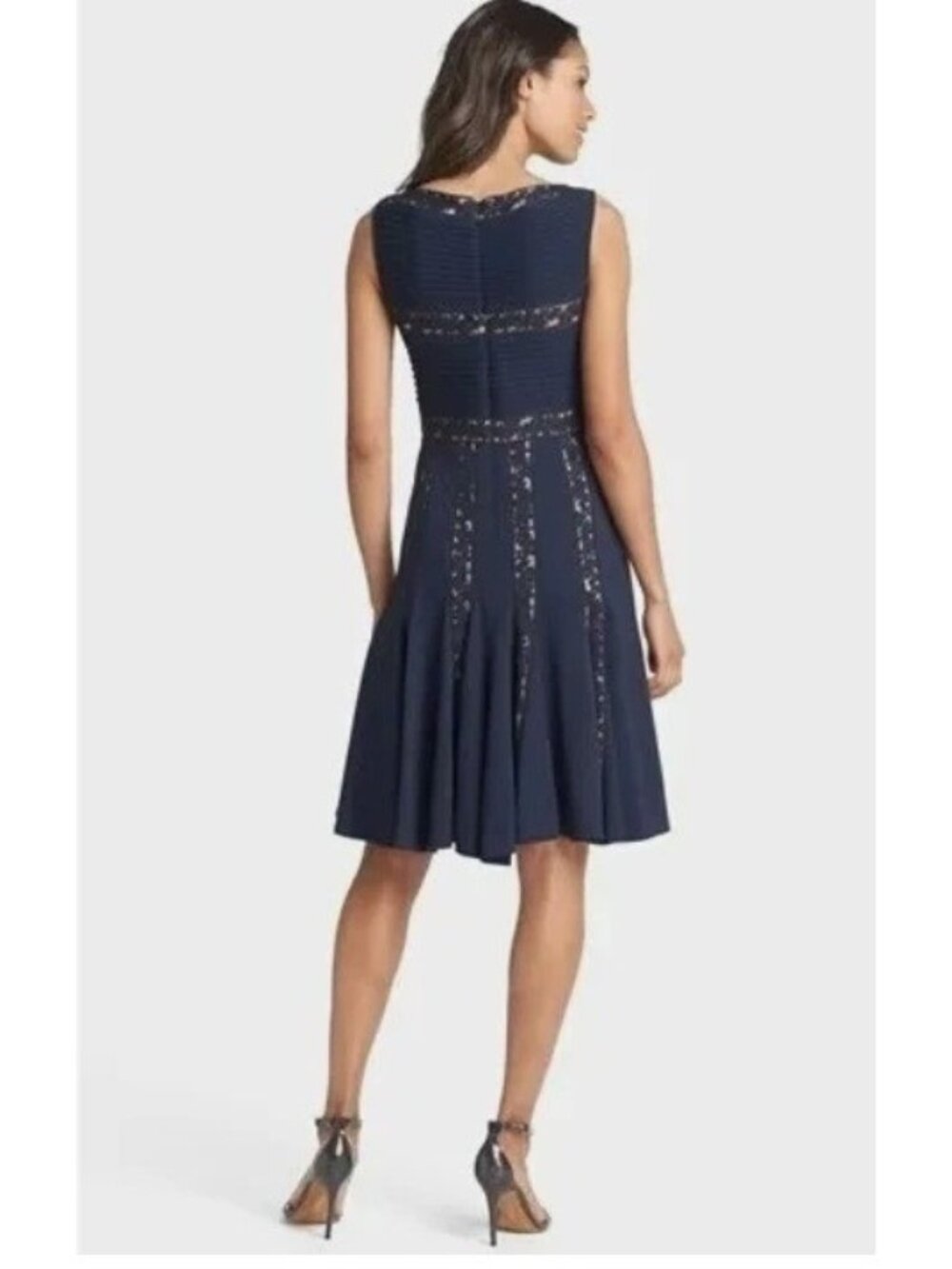 Tadashi Shoji Pintuck Jersey Lace Dress Sz XS Navy Fit Flare Wedding Cocktail